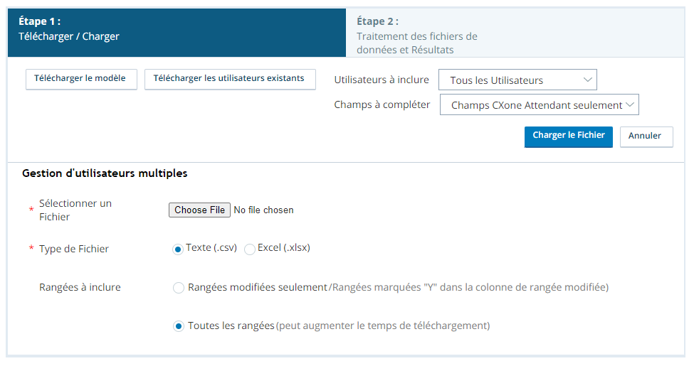 La page Gérer plusieurs utilisateurs, affichant l'option Champs uniquement CXone Attendant sélectionnée dans la liste déroulante Champs à inclure.